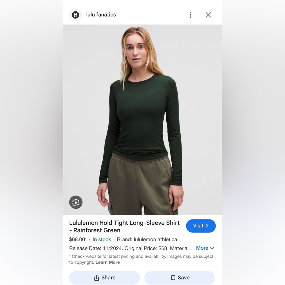 ⭐️ ISO ⭐️ Lululemon Hold Tight Long Sleeve Rainforest Green Size 6 or 8